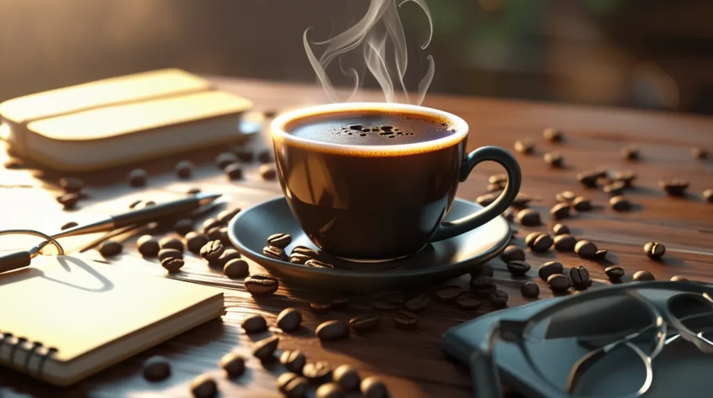Close-up of black coffee in a 3D realistic cup, showing steam rising and a cozy morning setting.