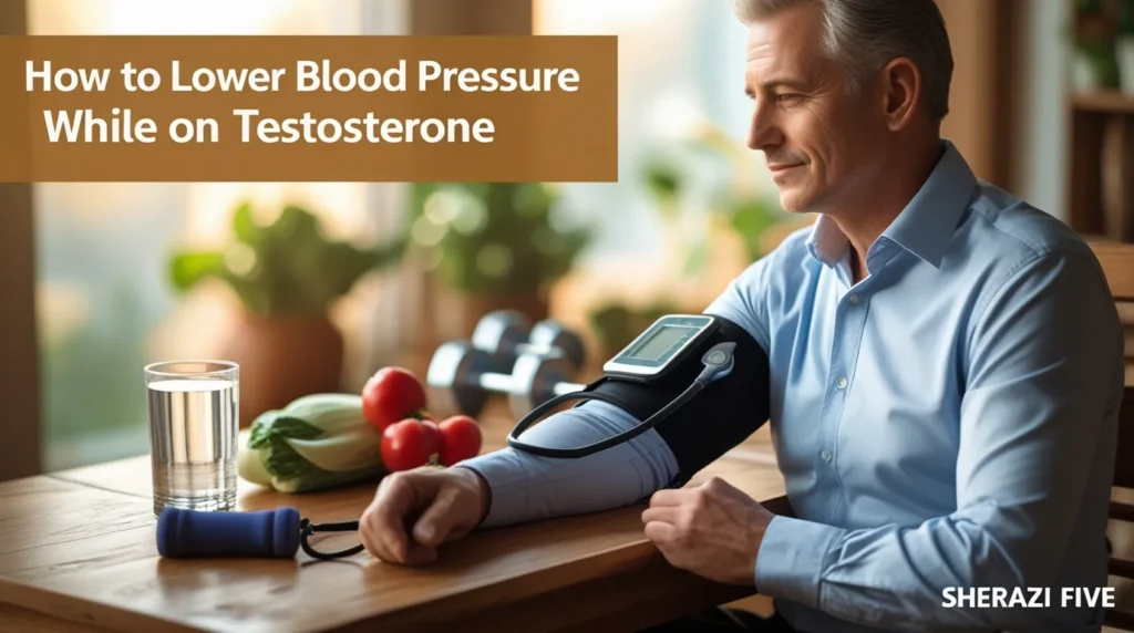 Digital blood pressure monitor with vegetables and dumbbells on the table.