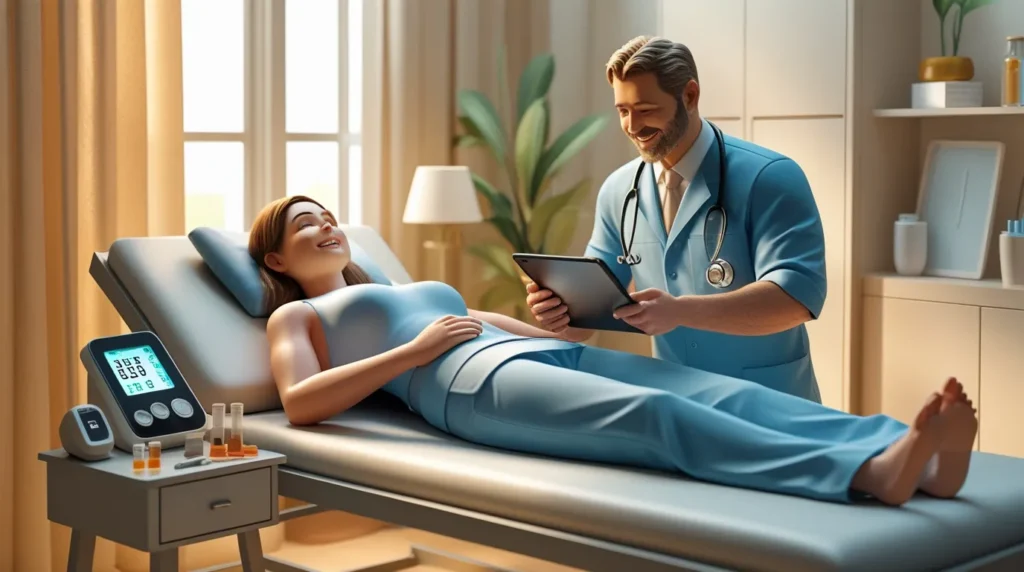 3D realistic scene of a doctor performing a full body health checkup at home with digital devices.