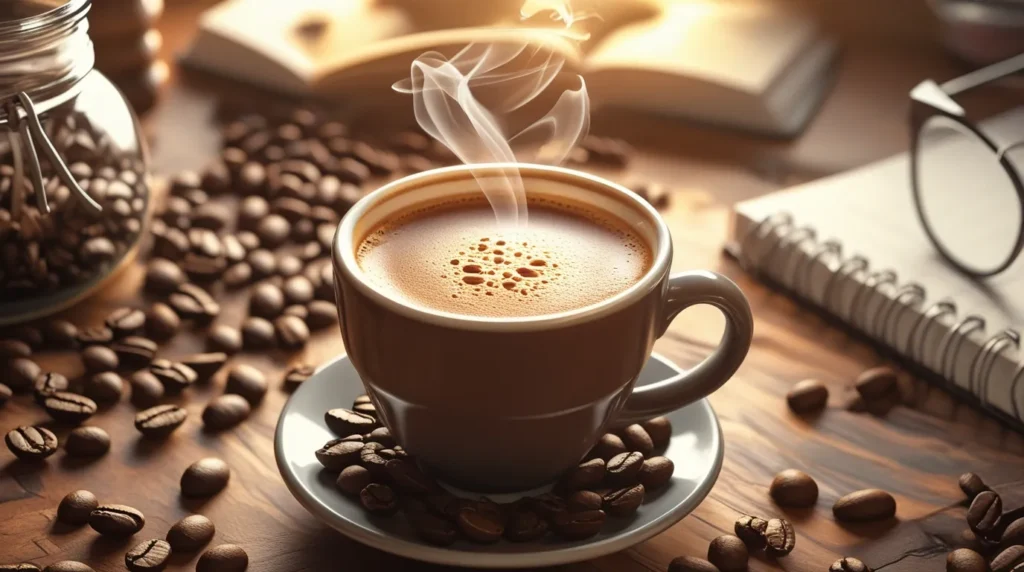 Steaming cup of coffee on a wooden table with coffee beans.