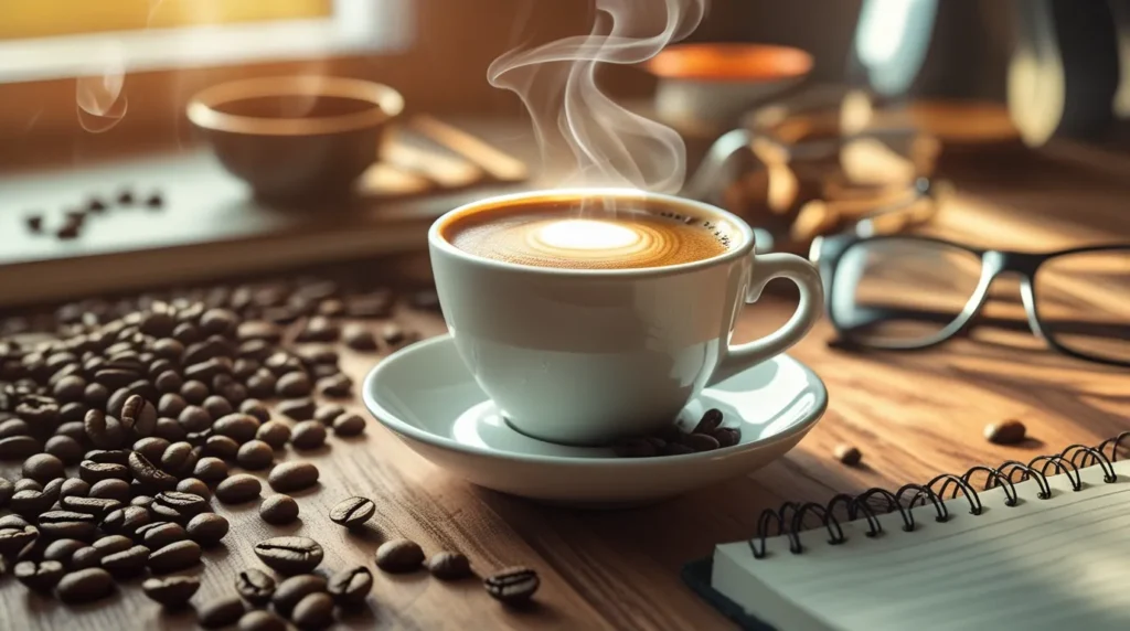 Morning coffee with a notebook and glasses, cozy setup.
