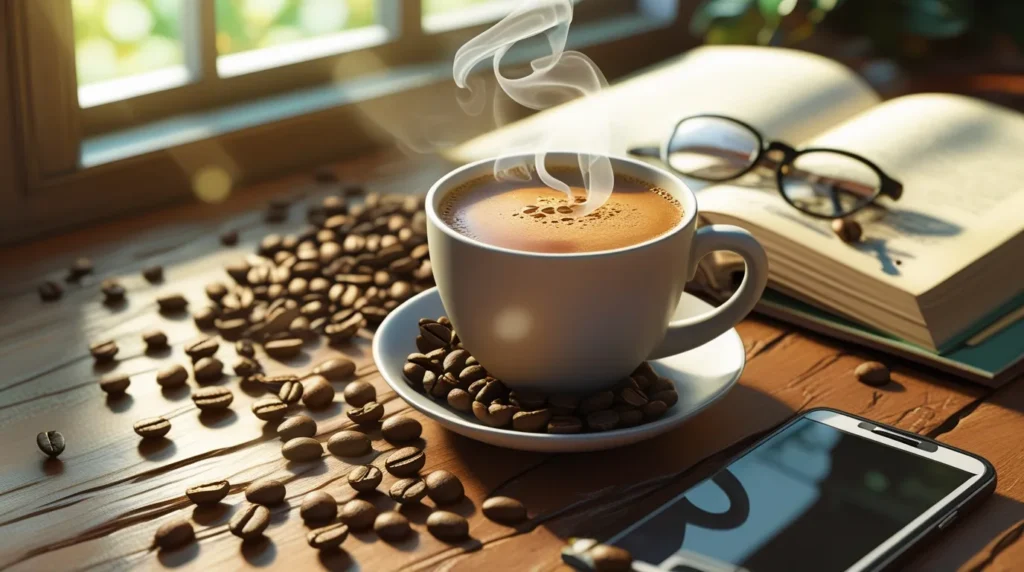 Morning coffee on a desk with phone and notebook symbolizing productivity benefits of coffee.