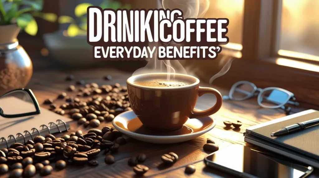 Steaming coffee cup with book and glasses, highlighting mental health benefits of daily coffee.