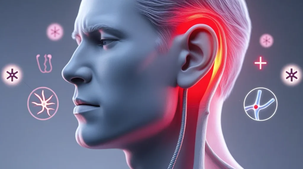 Person using a warm compress behind the ear for discomfort, with text “Persistent Discomfort