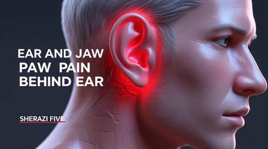 Side profile 3D medical image of human head showing discomfort near jaw and ear.