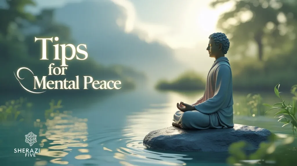 Peaceful 3D nature image showing sunrise over mountains with text Tips for Mental Peace and Sherazi Five.