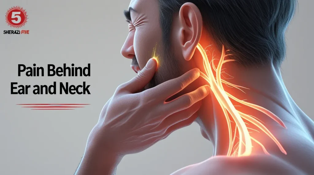 "Side view of individual experiencing throbbing pain behind ear and neck with muscle tension highlighted."