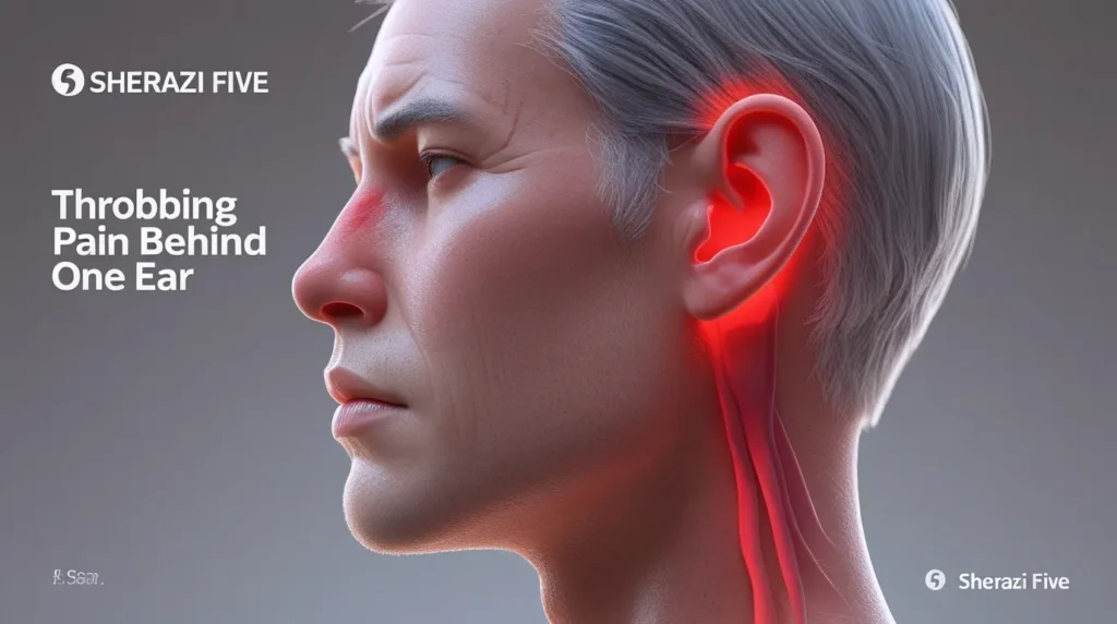 "Side view of head with visual emphasis on ear pain, labeled 'Throbbing Pain Behind One Ear' with small 'Sherazi Five' text."