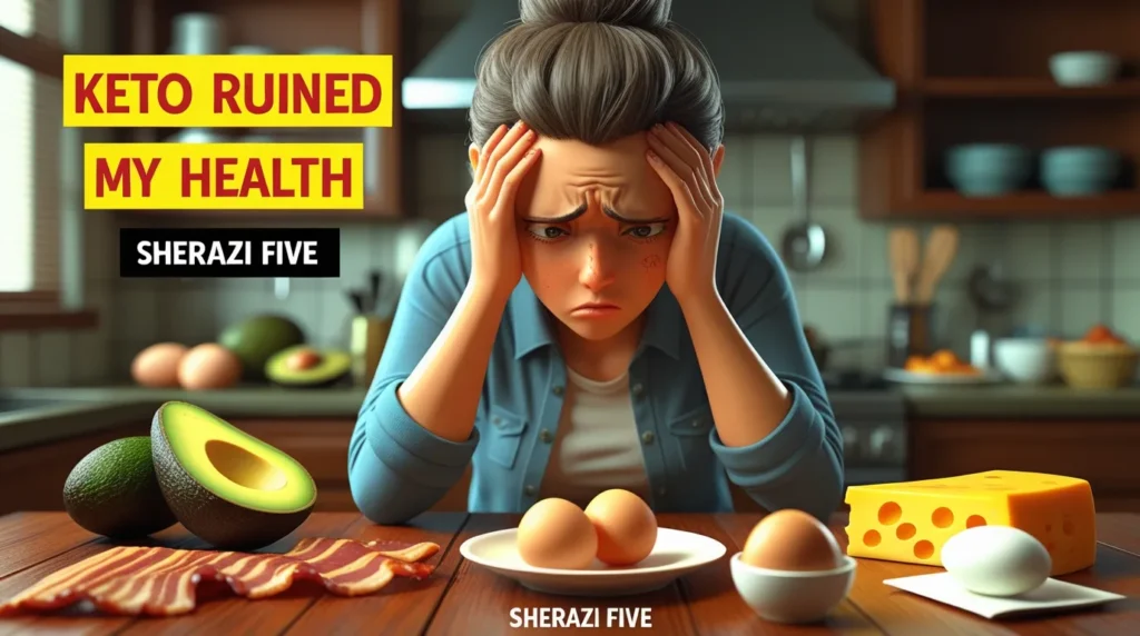 3D illustration of fatigue and confusion from ketogenic diet, with eggs, avocado, and cheese.