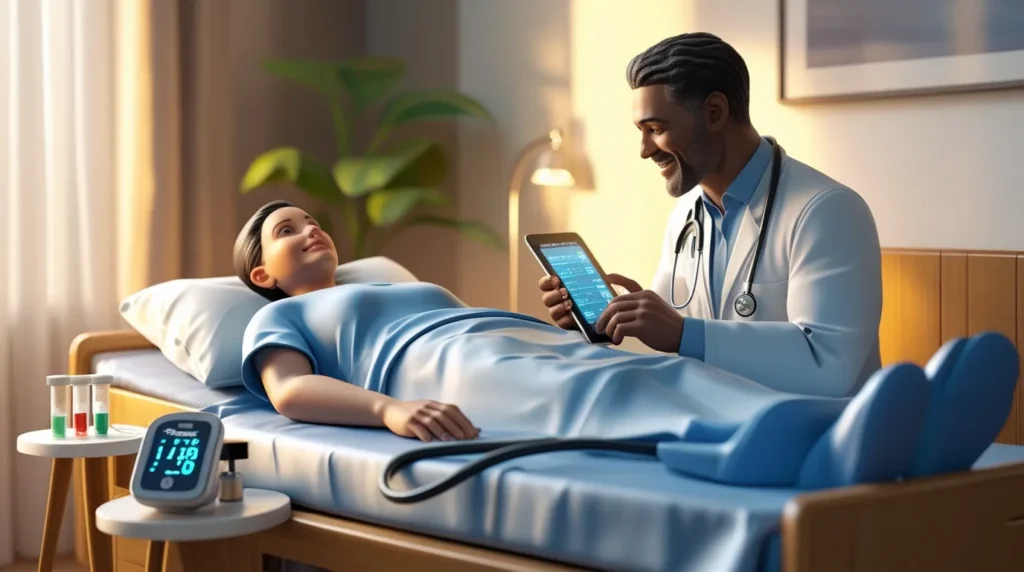 Patient reviewing health results on a tablet during a preventive health checkup at home.