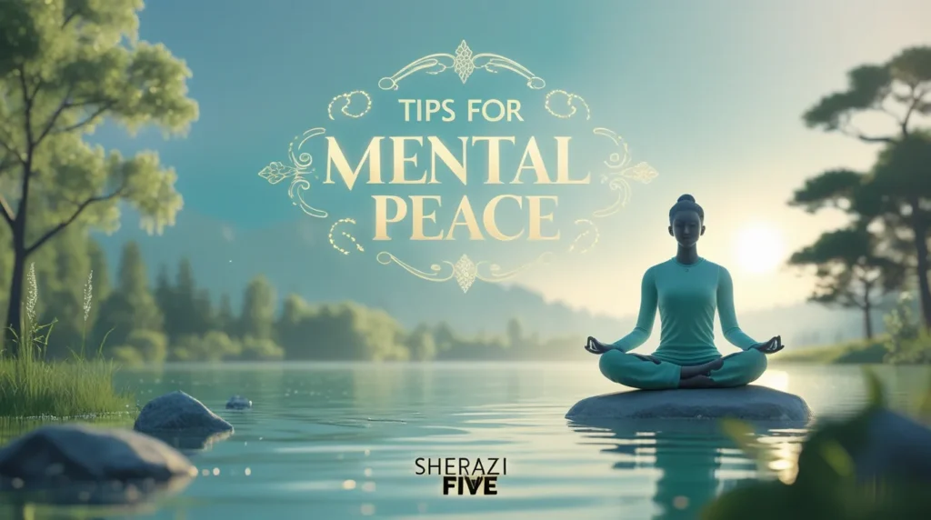 Relaxing 3D forest view with meditating person and glowing text Tips for Mental Peace plus Sherazi Five logo.