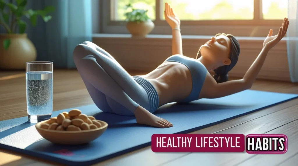 Realistic 3D scene of a person performing light stretches with wellness items around, text “Healthy Lifestyle Habits” and small Sherazi Five logo.