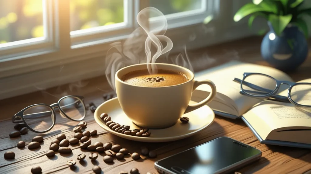 Cozy coffee scene with natural sunlight showing lifestyle benefits of daily coffee drinking.