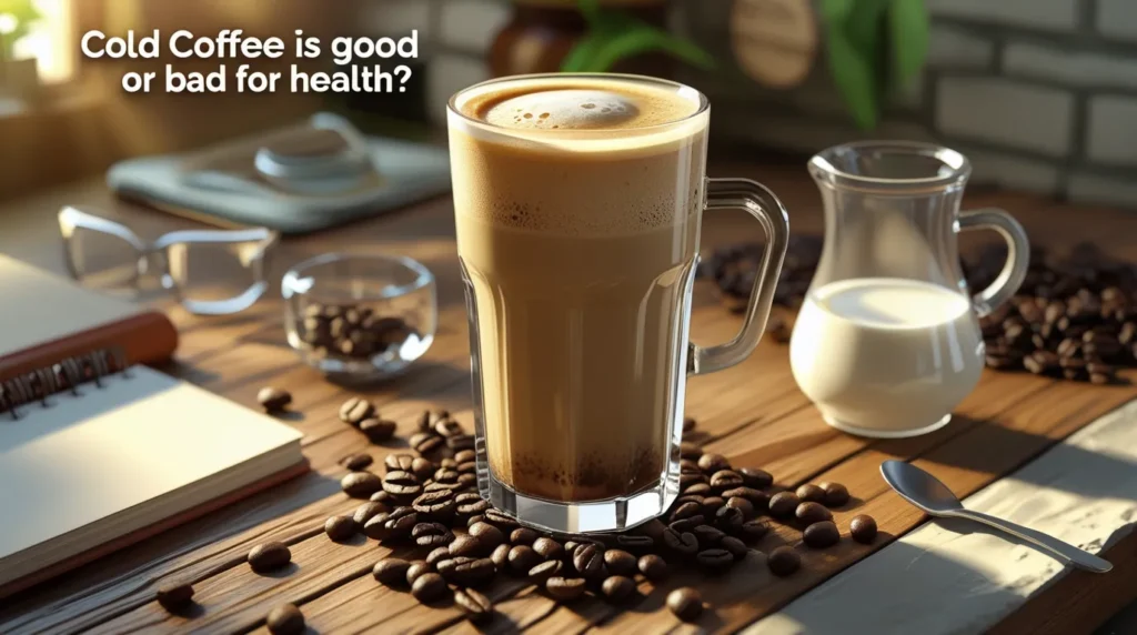 Iced cold coffee in a tall glass with milk and ice cubes, highlighting health benefits and energy boost.