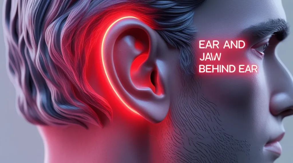 3D realistic human head showing inflamed ear and jaw area with pain signals.