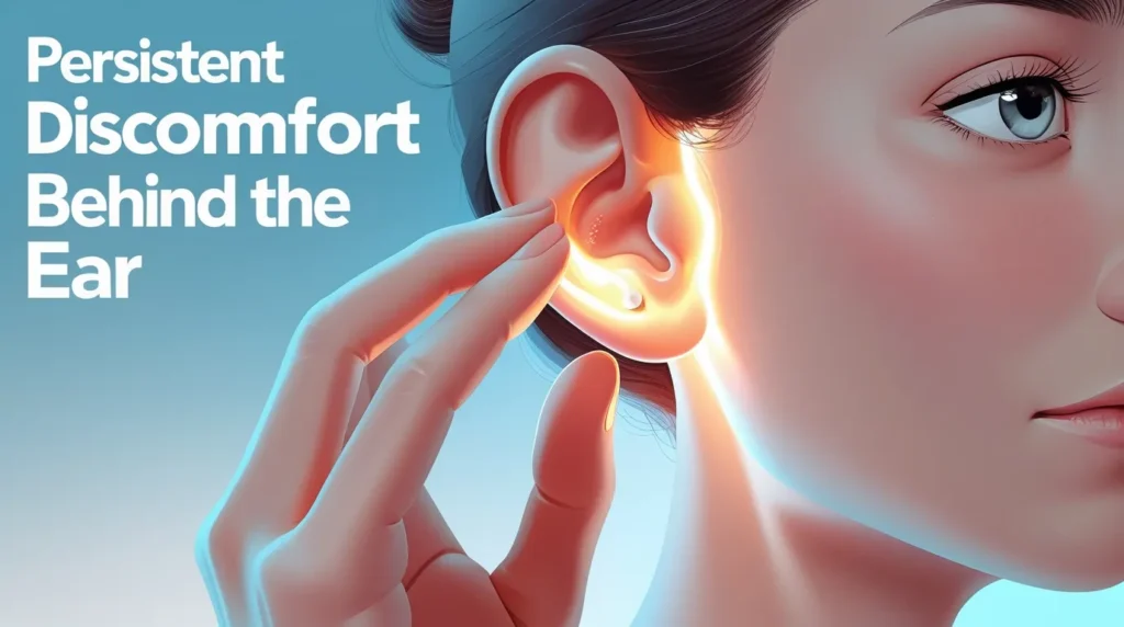 3D side view of a human head highlighting the ear and jaw area with red glow, showing persistent discomfort behind the ear.