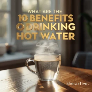 Hot water in glass cup with golden 3D text about drinking hot water benefits