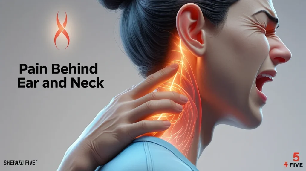 "Close-up of person wincing while touching the back of ear and neck due to pain and stiffness."