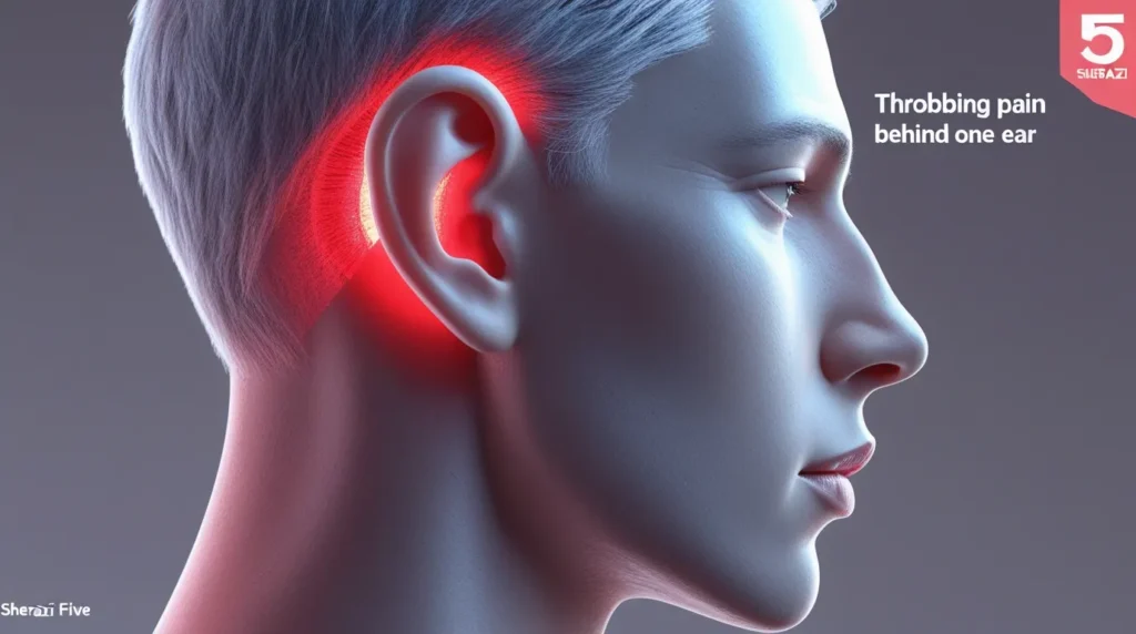 "Medical 3D rendering showing location of throbbing pain behind one ear, designed for health education content."