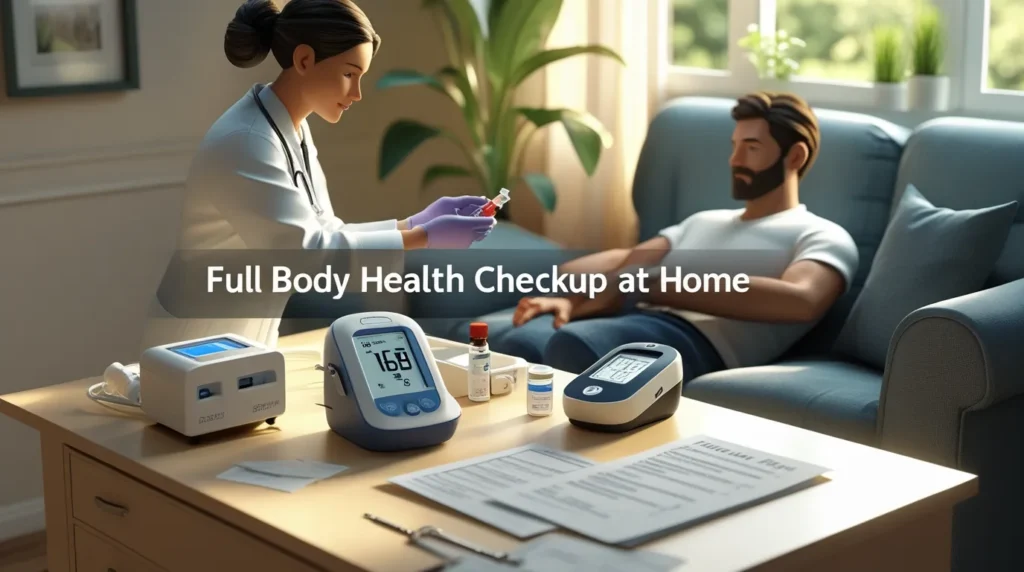 Friendly medical technician taking a blood sample during a home health test in a cozy living room.