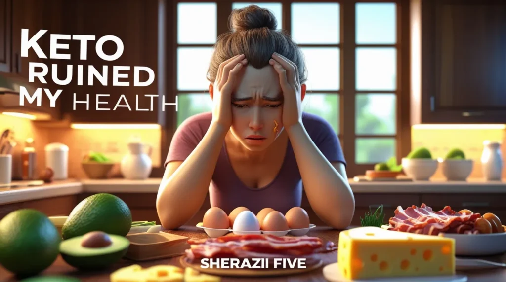 Blog header image showing ketogenic diet risks and a stressed person surrounded by food.