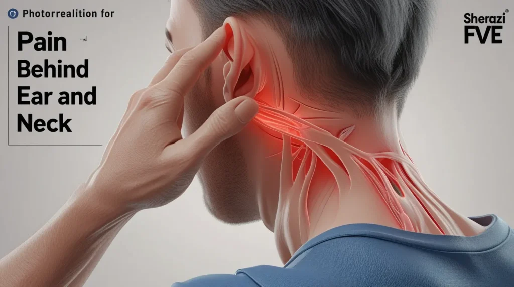 "Realistic depiction of pain behind ear and neck with subtle red highlights showing throbbing areas."