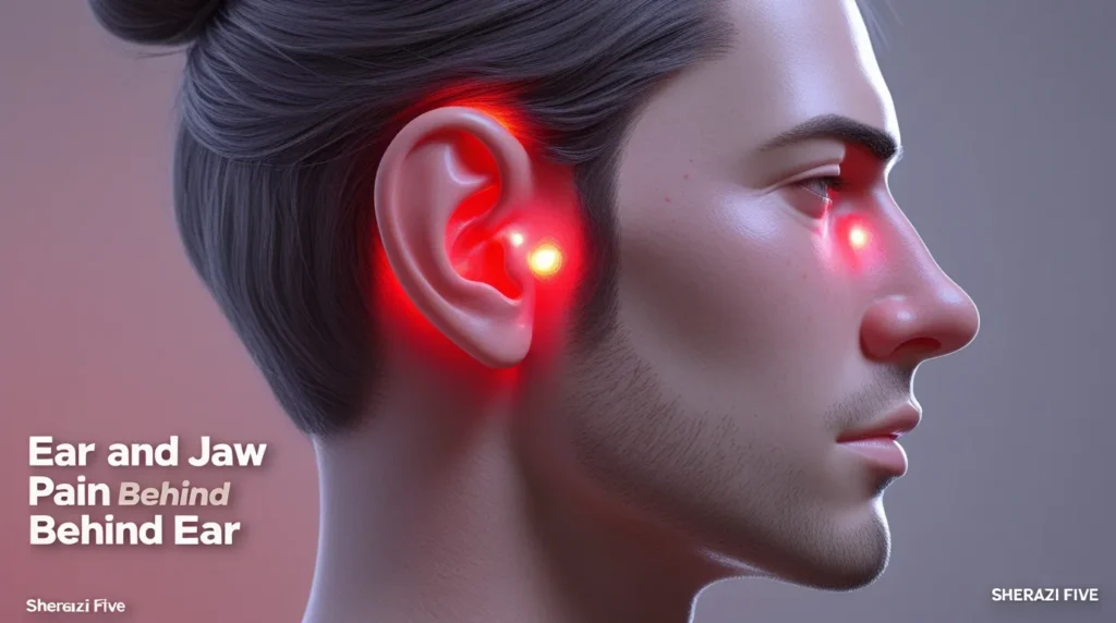 Realistic 3D head highlighting painful area behind ear and jaw with glowing red mark.
