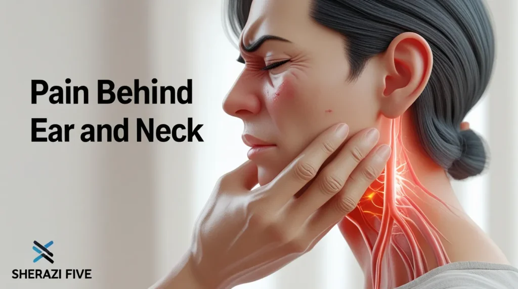 "Individual massaging neck and behind the ear in discomfort, illustrating ear and neck pain."