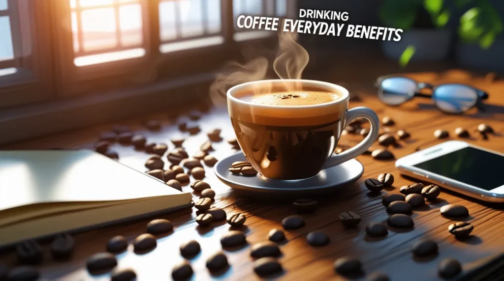 Realistic 3D coffee mug with sunlight showing daily coffee benefits for health and energy.
