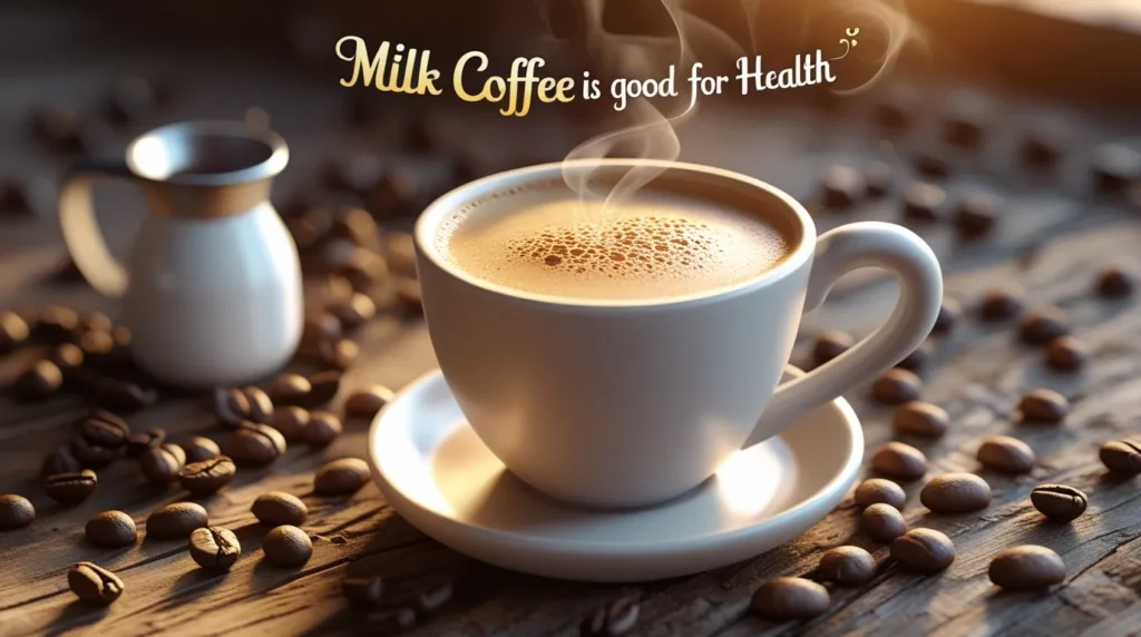 Cup of milk coffee with frothy milk on a wooden table.