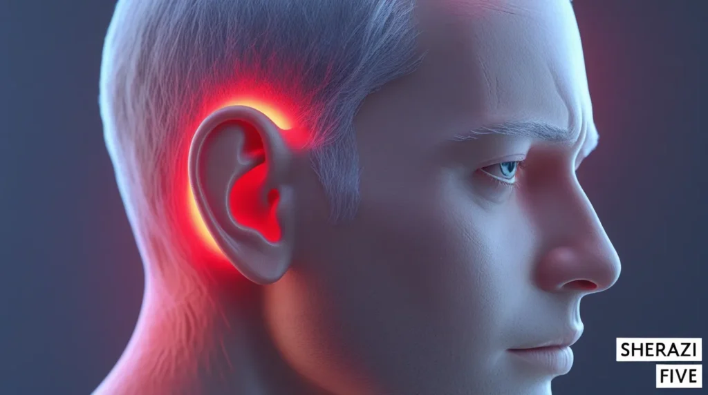 "Realistic 3D human head depicting ear discomfort area, with text overlay 'Throbbing Pain Behind One Ear'."