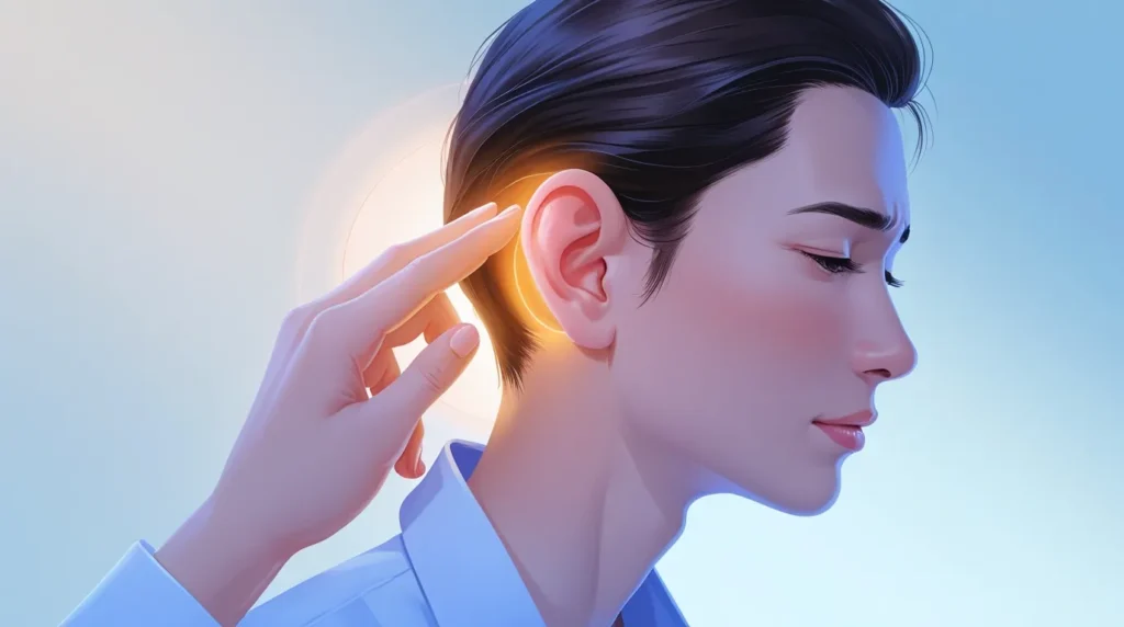 Person using a warm compress behind the ear at home to relieve pain, showing persistent discomfort behind the ear