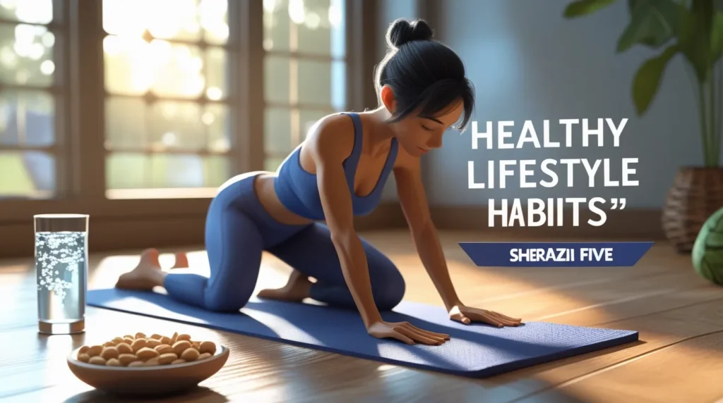 3D realistic image of a person doing a push-up, smoothie, and plant in the background, text overlay “Healthy Lifestyle Habits,” small Sherazi Five logo.