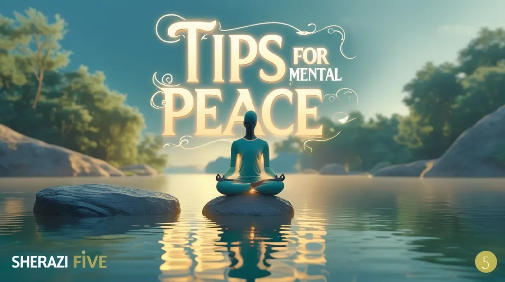 3D realistic meditation figure near water under soft sunlight with text Tips for Mental Peace and Sherazi Five.