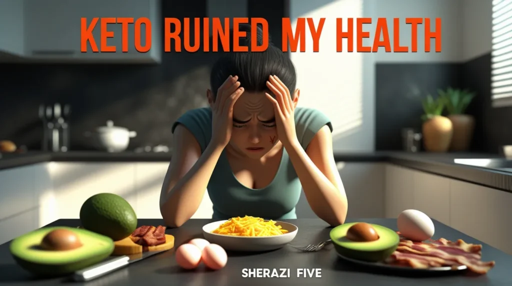 Detailed 3D scene of digestive and energy struggles caused by keto diet.