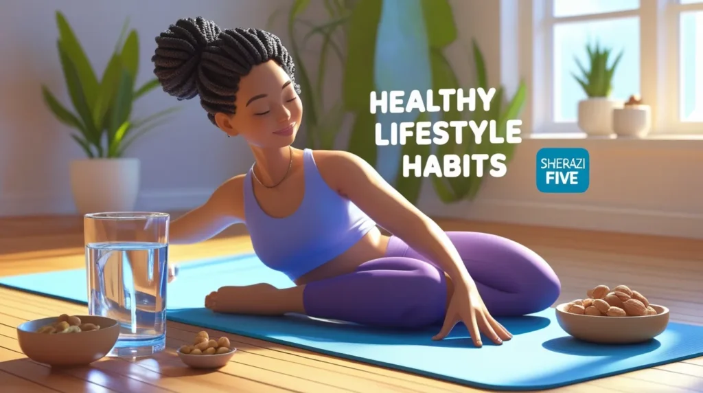 3D render of a wellness corner showing a yoga mat, dumbbells, and potted plants with “Healthy Lifestyle Habits” text and small Sherazi Five in the corner.
