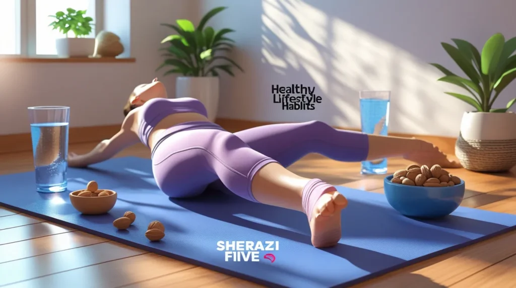 Realistic 3D morning routine image with a person meditating, fruit bowl, and notebook, with text “Healthy Lifestyle Habits” and small Sherazi Five.