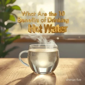 Glass cup of hot water with 3D title text about 10 benefits of drinking hot water