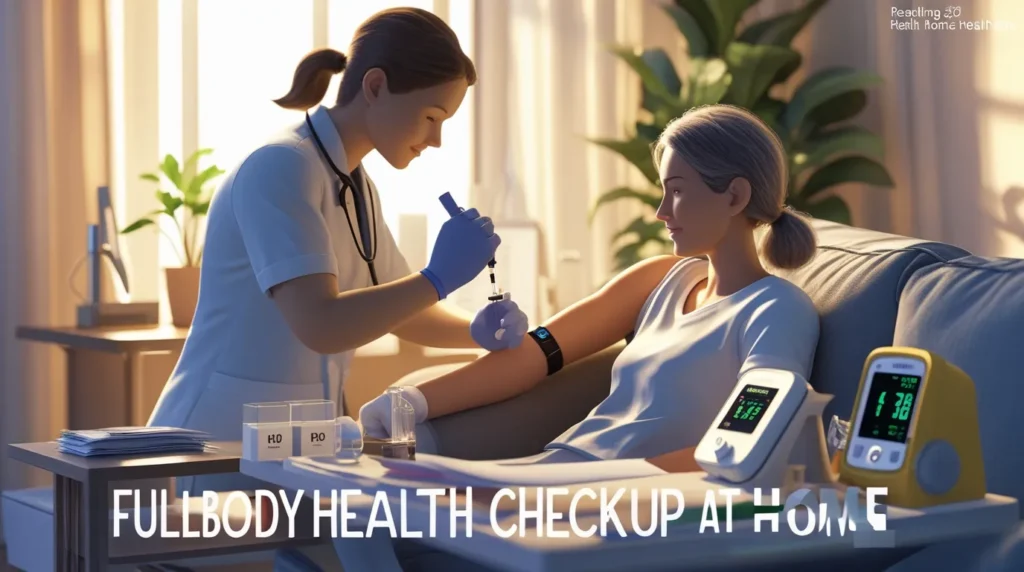 Complete home diagnostic setup showing medical tools, reports, and a professional attending a patient.