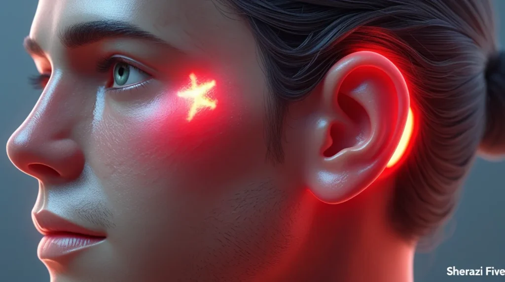 Medical 3D illustration of ear and jaw discomfort highlighted in red glow.