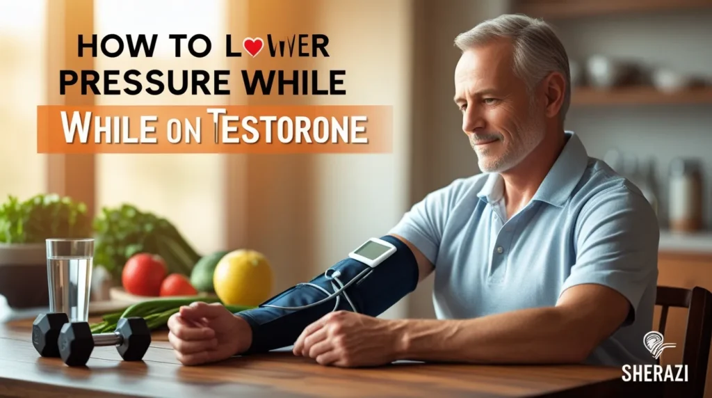 Middle-aged man checking blood pressure while on testosterone therapy at home.