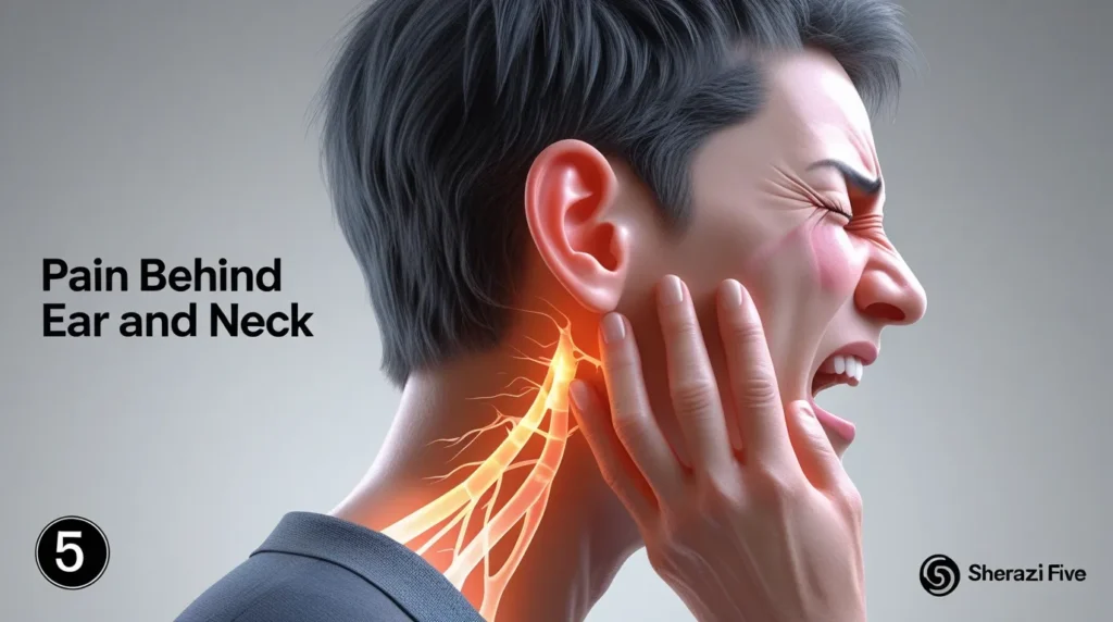 "Person sitting at a desk with hand on neck and ear, showing discomfort from neck strain and ear pain."
