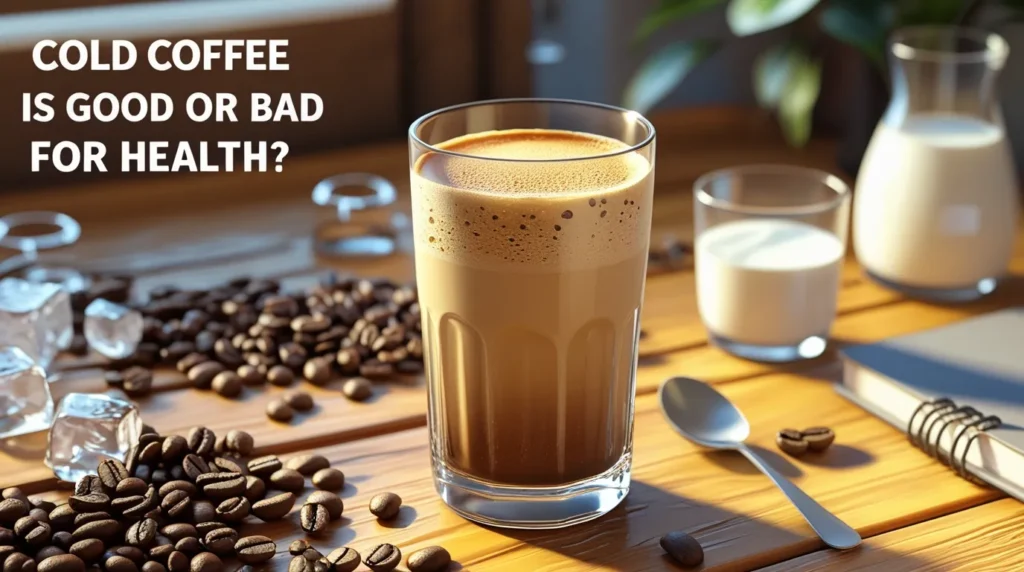 Cold coffee with almond milk in a clear glass, surrounded by a healthy morning setup.