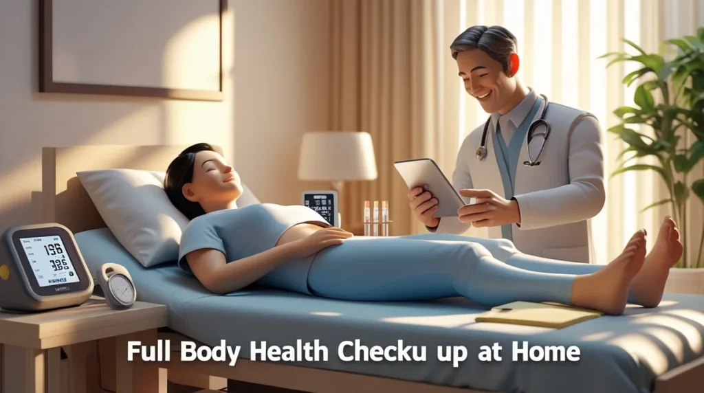 Home health checkup setup with blood pressure monitor, glucose meter, and lab test kits on a table.