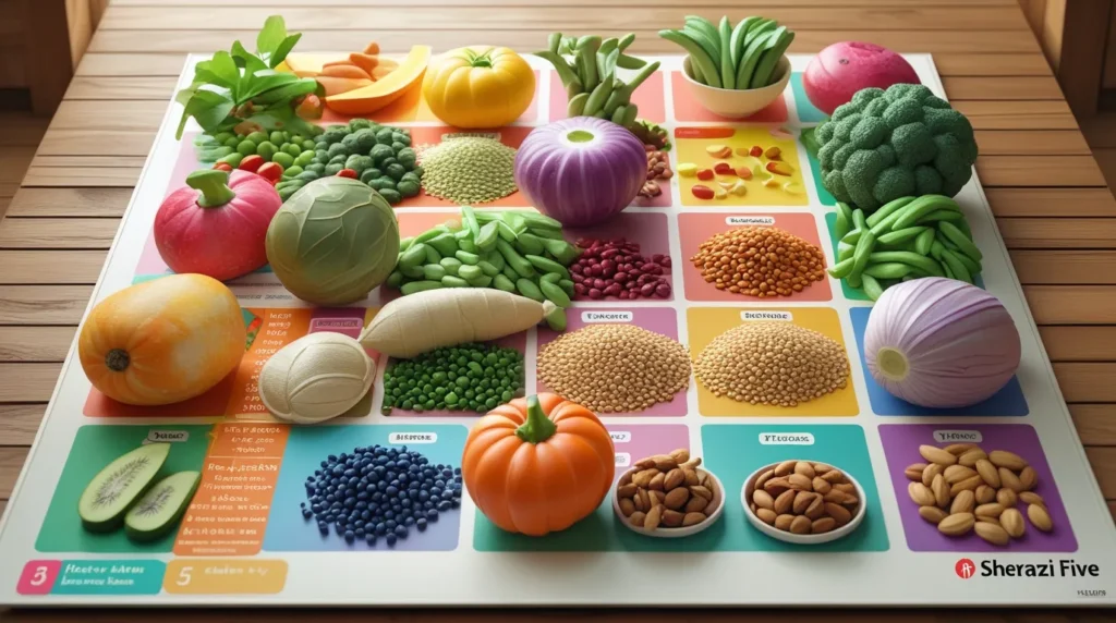 3D illustration of fiber-rich foods with a Sherazi Five signature.