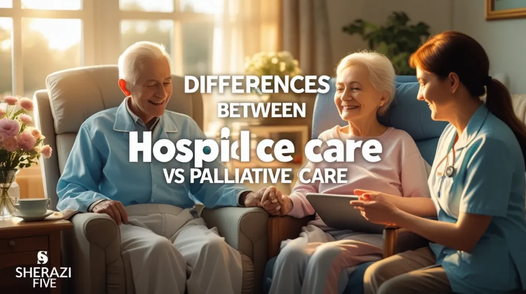Illustration showing chart of differences between hospice care vs palliative care