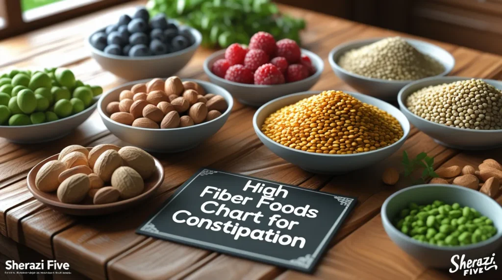Colorful top-down display of fruits, vegetables, nuts, and grains for digestion support.