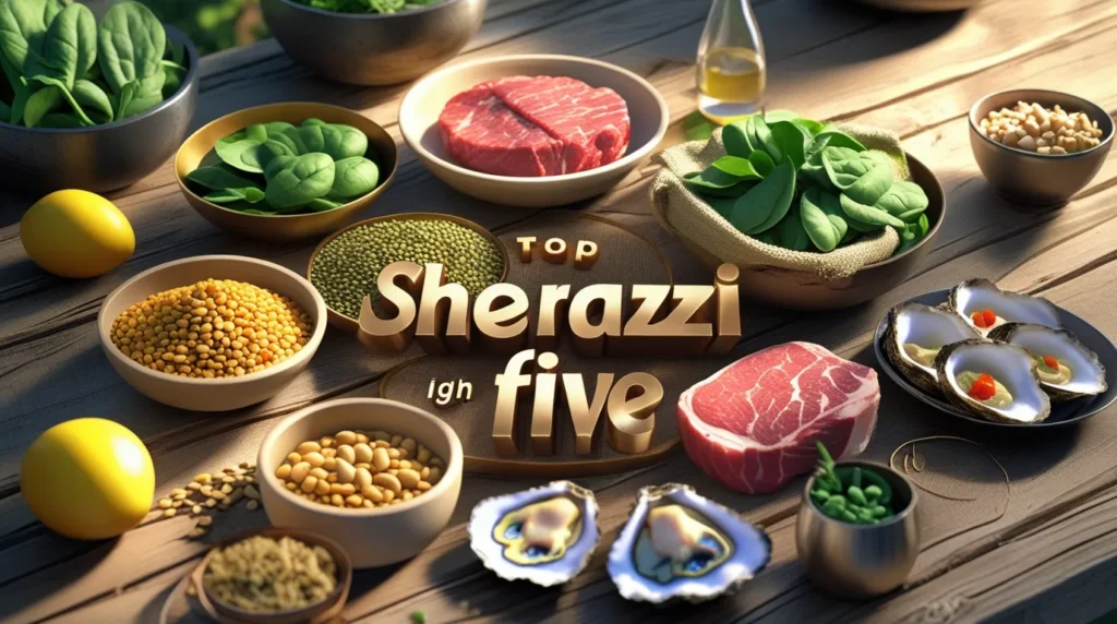 Variety of iron-rich foods displayed with 3D text “Top Foods High in Iron”