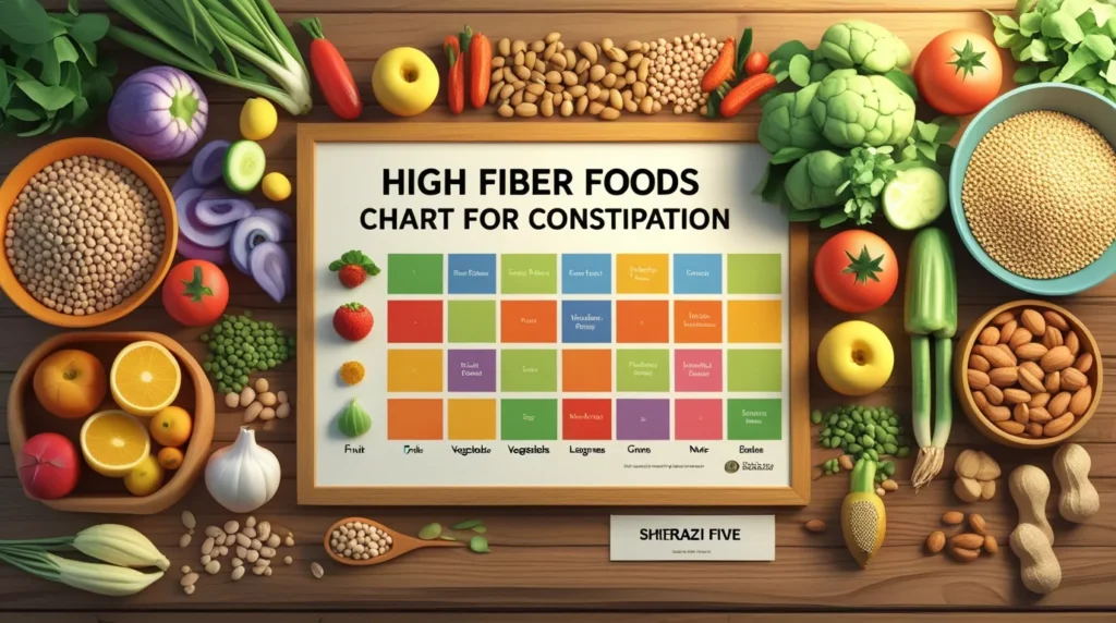 Wooden table with bowls of vegetables, fruits, and legumes for fiber intake.