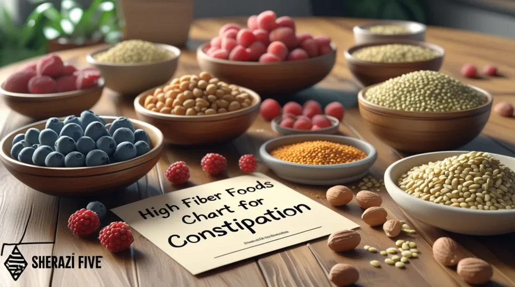 nfographic-style chart showing fiber content of fruits, vegetables, grains, and nuts.